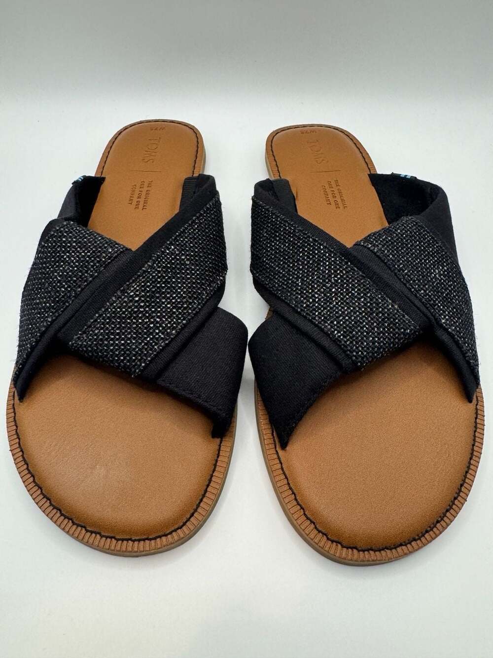 New Toms Viviana Slide Sandals Size 7.5 Black Foil Woven